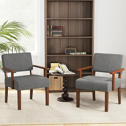 KOMFOTT Upholstered Accent Chairs Set of 2, Mid-Century Modern Armchair with Rubber Wood Frame, Linen Living Room Chairs with Padded Seat & Backrest, Reading Chair for Bedroom, Waiting Room, Grey