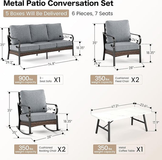 6 Piece Metal Outdoor Patio Furniture Set, Patio Conversation Set with 1 3-Seater & 2 Fixed Sofas, 2 Rocking Sofas, 5.75" Thick Cushion & Coffee Table, Black & Gray Backyard Furniture