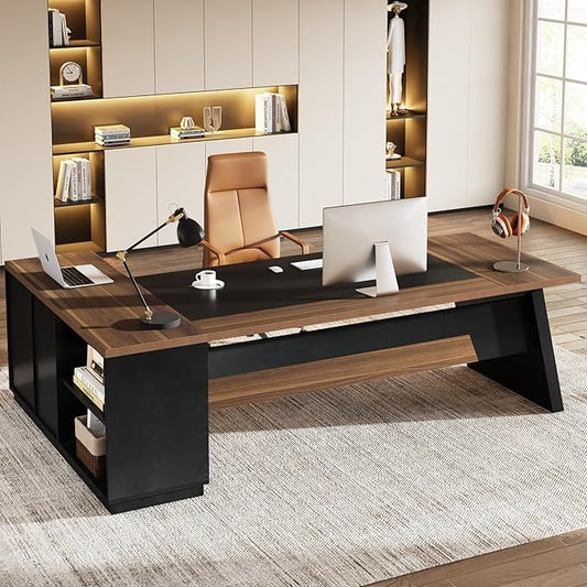 Tribesigns L-Shaped Executive Desk, 78-Inch Modern Office Desk with Drawers and Lateral File Cabinet, Large Bussiness Furniture with Storage Shelves, Workstation for Home Office (Brwon + Black)
