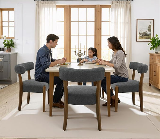 Modern Dining Chairs Set of 2, Walnut Upholstered Kitchen & Dining Room Chairs, Mid Century Wooden Dining Chairs Oversized Sturdy Fabric Rounded Chairs Curved Back, Dark Grey