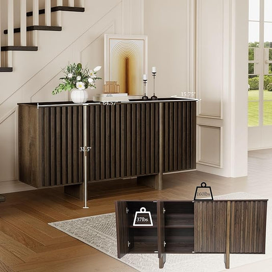 Sideboard Buffet Cabinet with Storage, Walnut Freestanding Floor Cabinet 64” Farmhouse Sideboard Wooden Large Storage Cabinet Media Console Table Credenza for Living Room Dining Room Hallway, Single