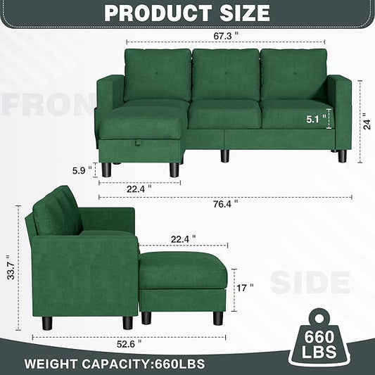JY QAQA Convertible Sectional Sofa Couch with 3-Seat Sofa, L-Shaped Ottoman Couch with Modern Linen Fabric for Small Living Room, Apartment and Small Space(Green)