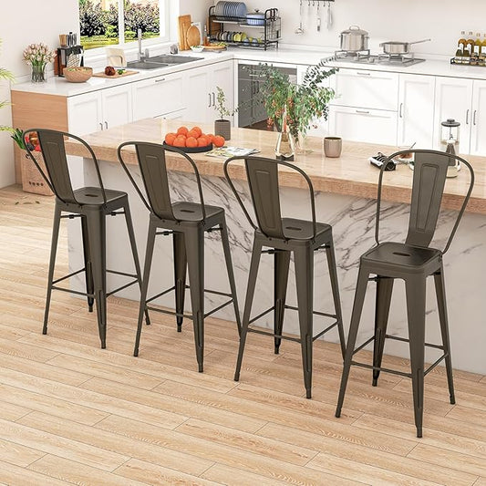 COSTWAY Metal Bar stools Set of 4, with Removable Back, 30'' Bar Height Stools with Rubber Feet, Stylish and Modern Chairs, for Kitchen, Dining Rooms, and Side Bar (Gun-Update, 30'')