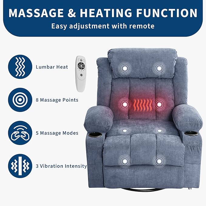 Rocking Recliner Chair with Heat and Massage, Nursery Recliner 360° Swivel Oversized Chairs for Adults, Lazy Boy Single Sofa Seat with 3 Positions, 2 Side Pockets, Cup Holders, and USB Ports, Blue