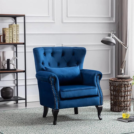 Accent Reading Arm Chairs Set of 2 for Living Room Bedroom, Midcentury Modern Comfy Corner Sofa Chair, Wingback Waiting Room Club Chair with Button Tufted Back &Lumbar Pillow, Velvet Blue