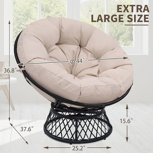 46" Giant Oversized Ergonomic Rattan Papasan Chair with Soft Thick Cushion for Adults, Fluid 360° Swivel, Waterproof, Black Frame with Beige Cushion