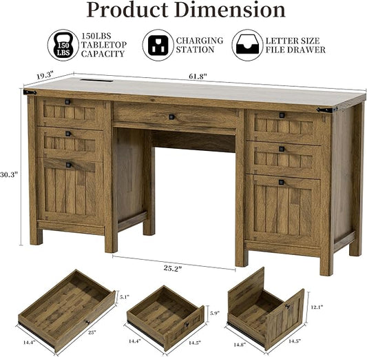 Executive Desk, Modern Farmhouse Computer Desk with Drawers & Cabinet, Home Office Desk for Work Study Writing Workspace (Light Brown, 62")