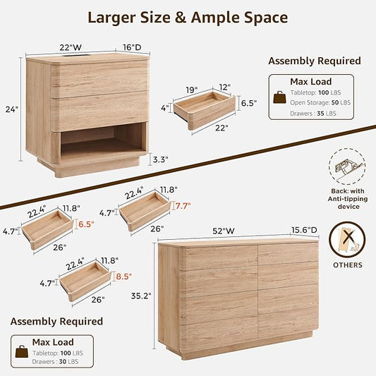 ACCOHOHO Modern Bedroom Set, 3 Pieces Bedroom Furniture Set, Wood 8 Drawer Dresser and Nightstands Set of 2, Chest of Drawers Wide Storage Organizer Cabinet for Bedroom, Natural Oak