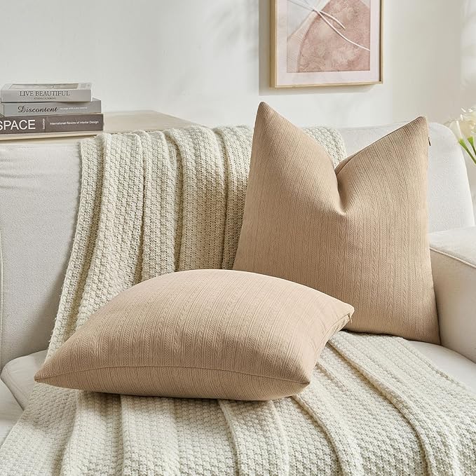 FUTEI Khaki Decorative Throw Pillow Covers 18x18 Inch Set of 2,Soft Cozy Wheat Ear Striped Patterns Cushion Cases,Modern Home Decor for Couch Bed Living Room