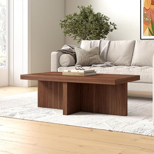 Henn&Hart 44" Rectangular Wood Pedestal Low-Profile Coffee Table for Living Room, Family Room, or Office, Satin Walnut