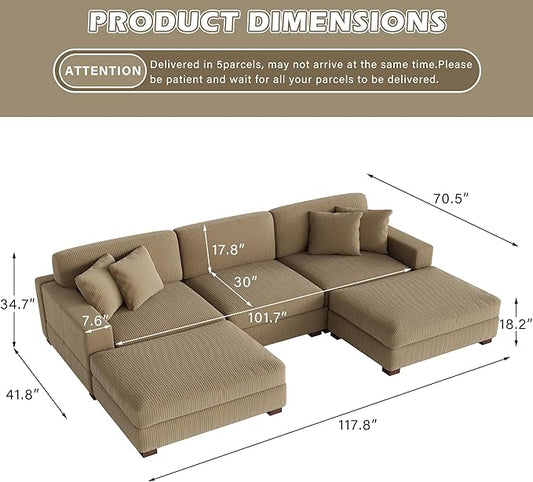 Modular Sectional Couches for Living Room, 118" Modern Upholstered Sofa Couche with Ottoman for Living Room Bedroom, Camel