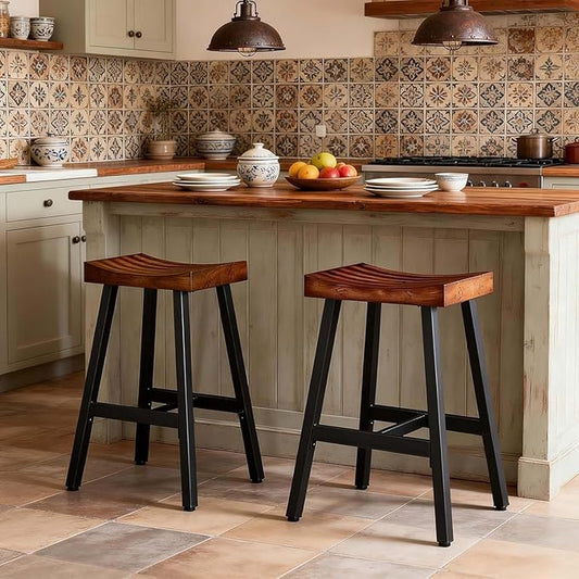OUllUO Bar Stools Set of 3, Backless Saddle Barstools, 25" Counter Height Bar Stools, Solid Wood Counter Stools with Metal Frame, 521P-BBWD3