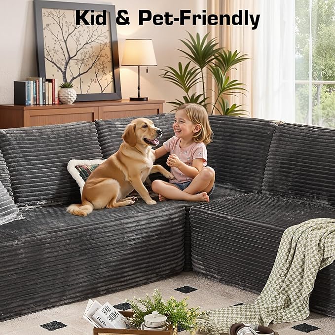 Weaxty Boneless Sectional Couch, Oversized U Shaped Modular Cloud Couches, Plush Corduroy Memory Foam Deep Seat Floor Sofa, No Assembly Required,Gray