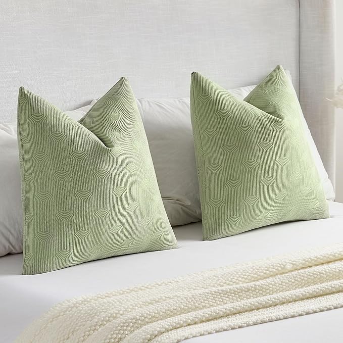 FUTEI Sage Green Chenille Decorative Throw Pillow Covers 24x24 Inch Set of 2,Soft Cozy Striped Geometric Patterns European Cushion Case,Modern Home Decor for Couch Bed Living Room