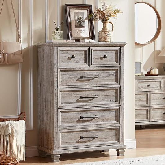 Farmhouse Bedroom Dresser and Nightstand Set of 4, 6 Drawer Tall & Low Dresser & 2 Drawer Nightstand Set, Rustic Wood Bedroom Furniture Set for Livingroom, Hallway, Grey