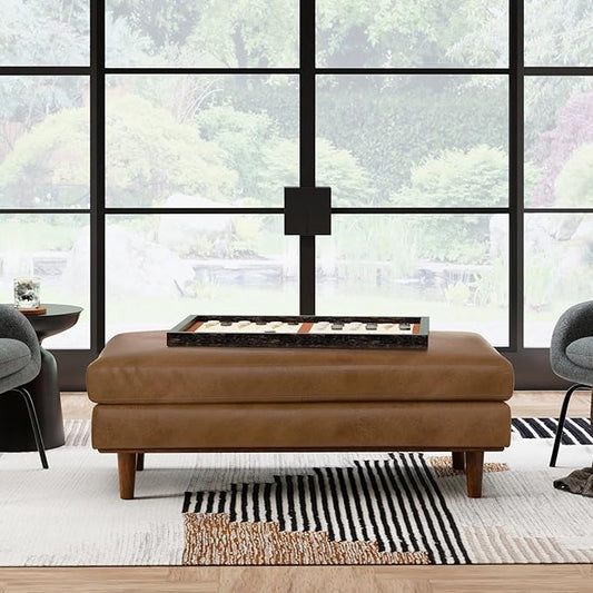 SIMPLIHOME Morrison 49 inch Wide Large Rectangular Ottoman in Caramel Brown Genuine Leather, Multifunctional Footrest, Coffee Table, and Extra Seating for Living Room, Mid-Century Modern Style