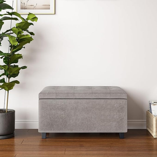 SIMPLIHOME Cosmopolitan Storage Ottoman - 34 inch Wide Upholstered Vegan Leather Rectangle Storage Ottoman Bench in Distressed Grey Taupe, Transitional Tufted Ottoman for Living Room with Lift-Up Lid