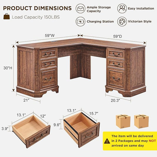 T4TREAM 59" Executive L Shaped Desk with Drawers,Farmhouse Wood Computer Coner Desk,Featuring Charging Station,File Drawer, Storage Cabinet,for Home Office Work and Study (Reclaimed Barnwood)