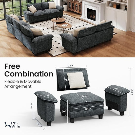 PHI VILLA Cloud Modular Couches Sets, 3 Pieces Large Sectional Sofa Set with Loveseats, 7-Seater Upholstered Couch for Living Room, Chenille Fabric, Dark Cyan