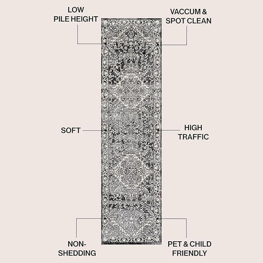 JONATHAN Y Vintage Medallion Indoor Runner Rug Black 2X8, Modern Boho for Living Room, Bedroom, Kitchen, Office, Easy-Cleaning, High Traffic, Pet-Friendly, Non-Shedding MDP100D-28