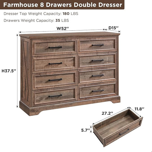 ACCOHOHO Farmhouse 8 Drawers Dresser Chests for Bedroom,52" Wide Wood Rustic Chest of Drawers with Metal Handle,Natural Texture,Drawer Organizer for Bedroom,Living Room,Hallway and Entryway,LB
