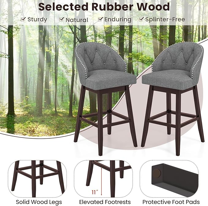 COSTWAY Bar Stools Set of 2, 31’’ Swivel Bar Stools with Rubber Wood Legs & Padded Back, Breathable Linen Fabric, Stylish Tufted Design & Rivet Decoration, Adjustable Foot Pads (2, Grey + Brown)