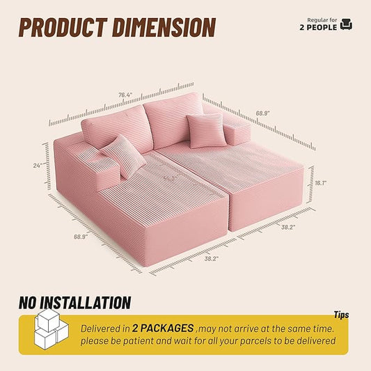 Chaise Lounge Chair, Boneless Couch for Living Room and Bedroom, Sleeper Couches Reading Chairs, Corduroy, Pink