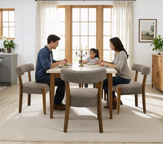 Modern Dining Chairs Set of 6, Walnut Upholstered Kitchen & Dining Room Chairs, Mid Century Wooden Dining Chairs Oversized Sturdy Fabric Rounded Chairs Curved Back, Tan Brown