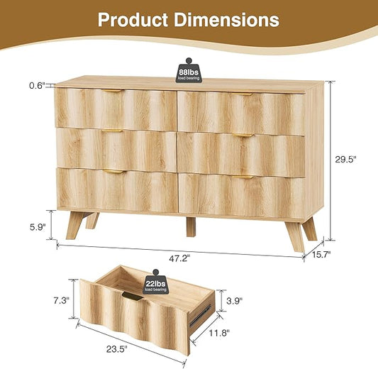6 Drawer Dresser, Modern Fluted Storage Dresser with Deep Drawers and Metal Handles, Wood Chest of Drawers Storage Organizer for Bedroom, Living Room, Hallway (Natural)