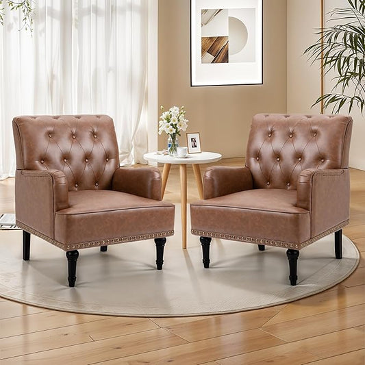 MOJAY Faux Leather Accent Chair Set of 2, Mid-Century Modern Living Room Chair Lounge Study Sofa Chair with Sturdy Wood Legs, Club Chair Armchair for Bedroom Home Study Reception (Brown)