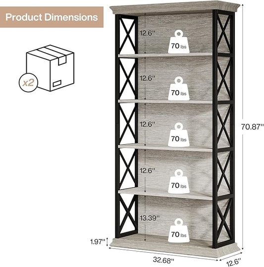 Tribesigns 71-Inch Tall Bookcase, 5-Tier Industrial Metal Bookshelf, Large Etagere Bookcases and Bookshelves, Freestanding Display Shelves for Living Room, Bedroom, Gray and Black (Set of 2)