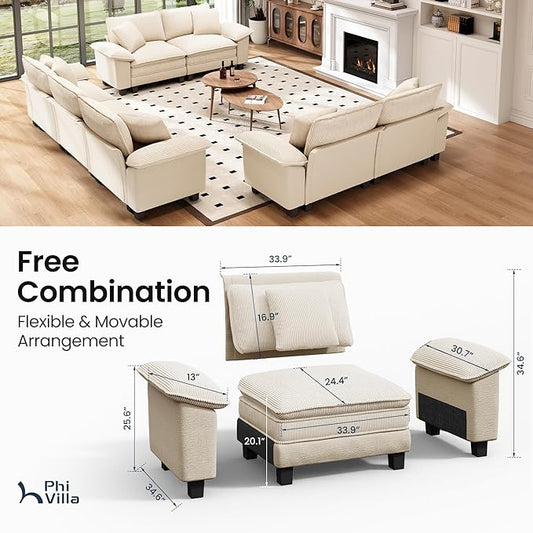 PHI VILLA Cloud Modular Couches Sets, 3 Pieces Large Sectional Sofa Set with Loveseats, 7-Seater Upholstered Couch for Living Room, Chenille Corduroy Dual Fabric, Beige