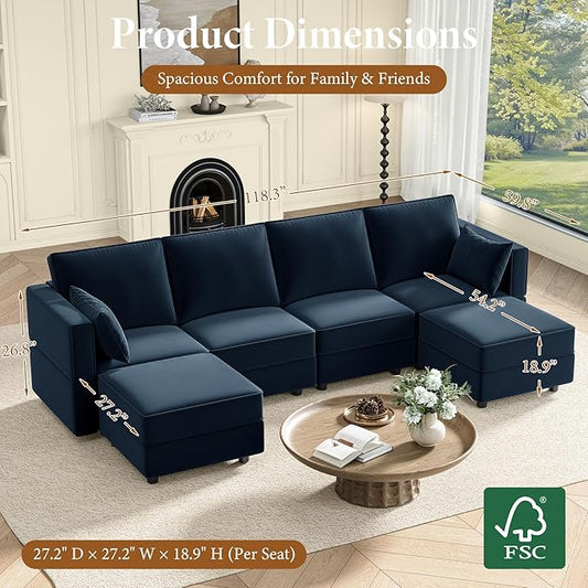 Vesgantti Sectional Couches with Storage Seats, 118" L Shaped Convertible Modular Sectional Sofa, 4 Seat & 2 Ottomans Velvet Storage Chaises Deep Seat Couch for Living Room, Bedroom, Apartment, Blue
