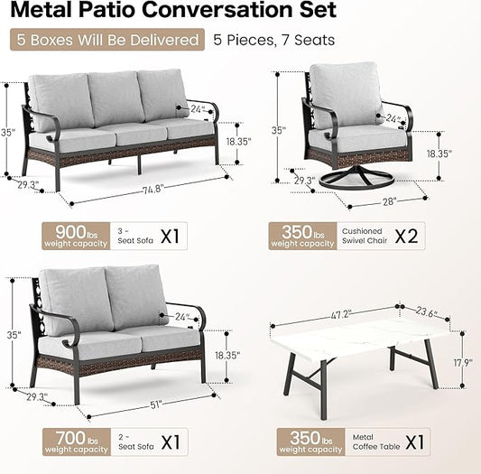 5 Piece Metal Outdoor Patio Furniture Set, Patio Conversation Sets 1 3-Seater Sofa, 2-Seater Sofa, 2 Swivel Sofa with 5.75" Cushion & Coffee Table Black Backyard Furniture, Light Gray