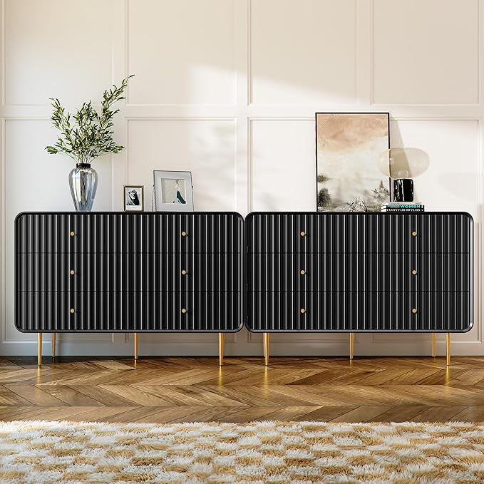 HLR Black Dresser for Bedroom,48'' Wide Wood Chests of Drawers,Modern Fluted 6 Drawer Dresser with Gold Metal Handles,Clothes Deep Drawer Dressers Storage for Living Room,Hallway