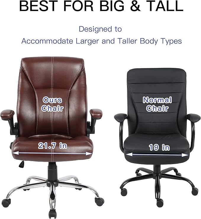 Big and Tall Office Chair for Heavy People, Executive Desk Computer Chair Adjustable Flip-up Armrests, PU Leather Swivel Task Chair with Ergonomic High Back and Lumbar Supportļ¼Brown