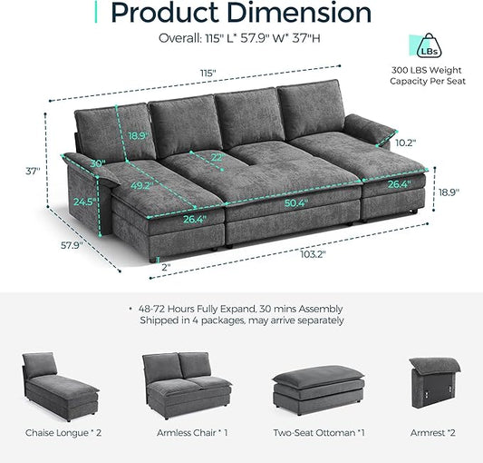 LINSY HOME Sleeper Sofa Bed, 115" Modular Sectional Sofa Bed with Double Layer Cushious, Comfy Cloud Sofa Couches for Living Room, Apartment, Home Theater, Grey