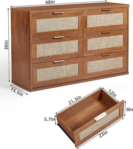 LEYAOYAO Rattan 6 Drawer Dresser for Bedroom, 48" Wide Boho Chest of Drawers, Wooden Dressers TV Stand with Metal Handle, Storage Closet Organizer for Living Room, Hallway, Tea Brown