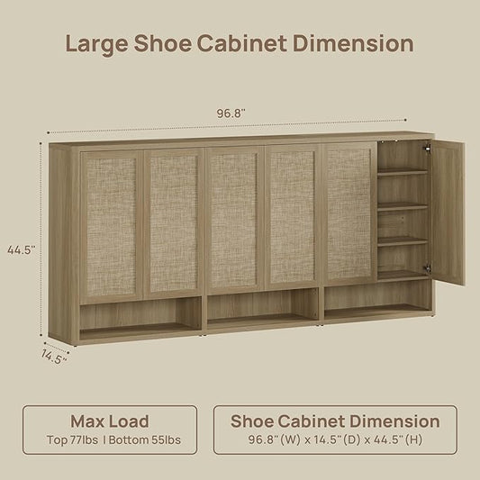 SICOTAS Rattan Shoe Storage Cabinet - Modular Shoe Cabinets with Door Tall Large Shoe Cabinet Storage for Entryway - 96.8" Wide Modular Cabinet for Hallway, Living Room