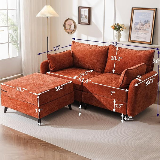 73'' Loveseat Sofa with All Seats Storage, Modular Sectional Couch with Movable Ottoman,Oversized Comfy Couch with 7.8'' Cushion,24.5'' Deep Seat,for Living Room,Bedroom,Velet,Orange