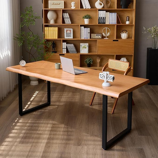 Stylish Solid Wood Office Desk with Sturdy Metal Base - Durable Multi-Size Executive Computer & Dining Table - Perfect for Home Office & Work Environments (Brown, 55.12in)