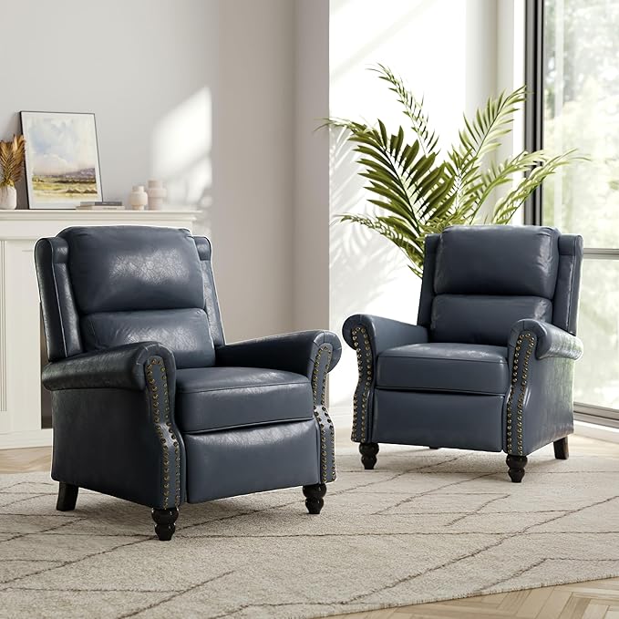 Faux Leather Recliner Chair, Modern Pushback Armchair with Adjustable Backrest & Footrest for Bedroom, Living Room,Dark Blue,1 SEAT