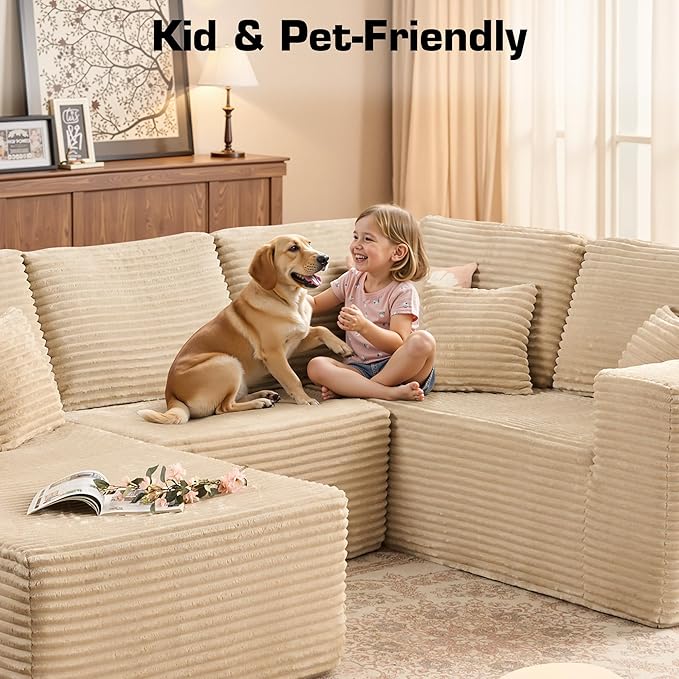Weaxty Cloud Sectional Couch for Living Room, Oversized U Shaped Boneless Couches with Chaise, Plush Corduroy Memory Foam Deep Seat Floor Sofa, No Assembly Required,Beige