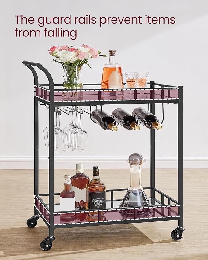 VASAGLE Bar Cart Black, Home Bar Serving Cart, Wine Cart with 2 Mirrored Shelves, Wine Holders, Glass Holders, for Kitchen, Dining Room, Black ULRC092B62