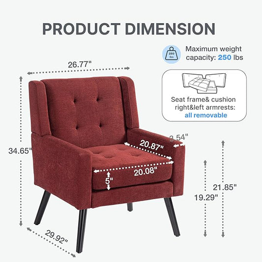 Mid-Century Modern Accent Chair Set of 2, Plush Linen Fabric with Button Tufted High Back & 5" Thick Cushion, High Comfort Reading Chair for Living Room, Bedroom, Office (Red)