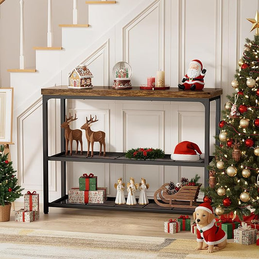 47" Console Table with Storage, 3-Tier Narrow Entryway Table, Sofa Table with Mesh Shelves, Console Tables for Living Room, Bedroom, Hallway, Entryway, Foyer, Rustic Brown