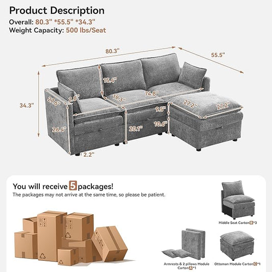 80"Cloud Modular 3 Seater Sofa with Storage Ottoman, Modern Upholstered Storage Sofa Couch Deep Seat, L Shape Sectional Sofa Chenille Comfy Couch with Armrests for Living Room, Small Space, Light Grey