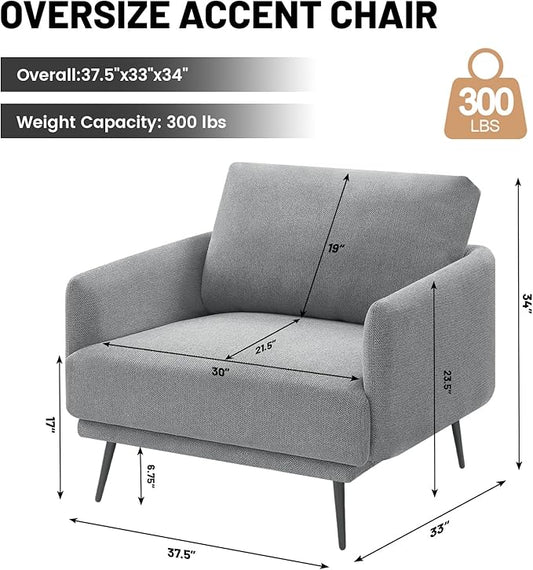 Oversized Accent Chair for Living Room Chairs Reading Arm Chair Comfy Modern Single Sofa Side Chairs with Metal Legs & Soft Cushion for Bedroom, Waiting Room (Polyster Light Grey, Set of 1)
