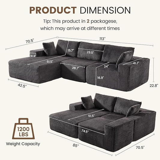 Apicizon 113" Sectional Sofa Couch for Living Room, 3 Seat Boneless Sofa with Chaise Longue, L-Shape Modular Sectional Couches with Deep Seat for Apartment,No Assembly Required (Stripe Corduroy Gray)