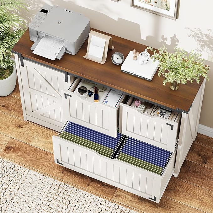 47.8” Farmhouse Lateral File Cabinet with Sliding Barn Door, 3 Drawers Filing Storage Cabinets with Adjustable Shelf, Office Printer Stand for Hanging Files Letter/Legal/F4/A4.